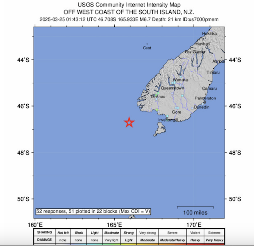 Intensity map of the USGS on the earthquake south of New Zealand today, March 25. 