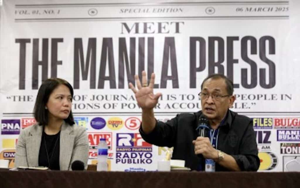 ACTION VS. TROLLS. National Bureau of Investigation Director Jaime Santiago (right) says the government will go after purveyors of online fake news and disinformation during the “Meet the Manila Press Forum” at a restaurant in Ermita, Manila on Thursday (March 13, 2025). He said even those outside the country would not be spared from the investigation. (PNA photo by Yancy Lim)