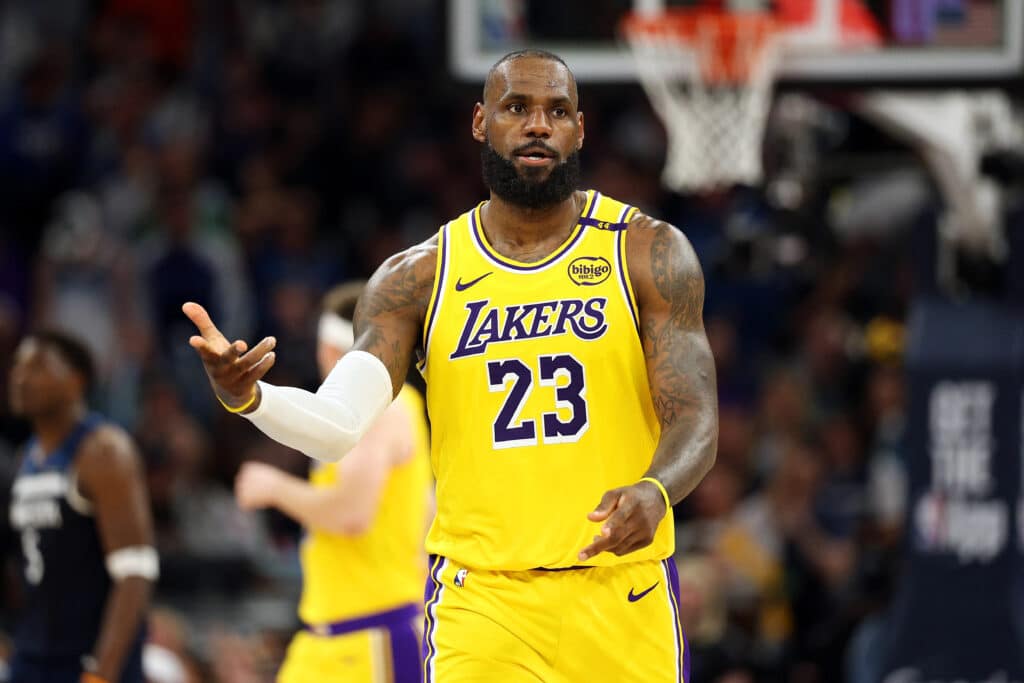 LeBron James #23 of the Los Angeles Lakers celebrates his three-point basket against the Minnesota Timberwolves in the fourth quarter of Game Three of the First Round of the 2025 NBA Playoffs at Target Center on April 25, 2025 in Minneapolis, Minnesota.(Photo by David Berding / GETTY IMAGES NORTH AMERICA / Getty Images via AFP)