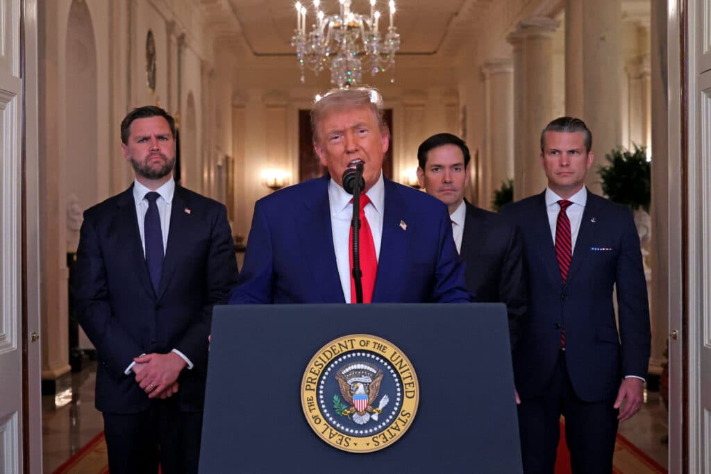 Israel-Iran ceasefire: This is what could happen next. US President Donald Trump addresses the nation, alongside US Vice President JD Vance (L), US Secretary of State Marco Rubio (2nd R) and US Secretary of Defense Pete Hegseth (R), from the White House in Washington, DC on June 21, 2025, following the announcement that the US bombed nuclear sites in Iran. (Photo by CARLOS BARRIA / POOL / AFP) | via Inquirer.net